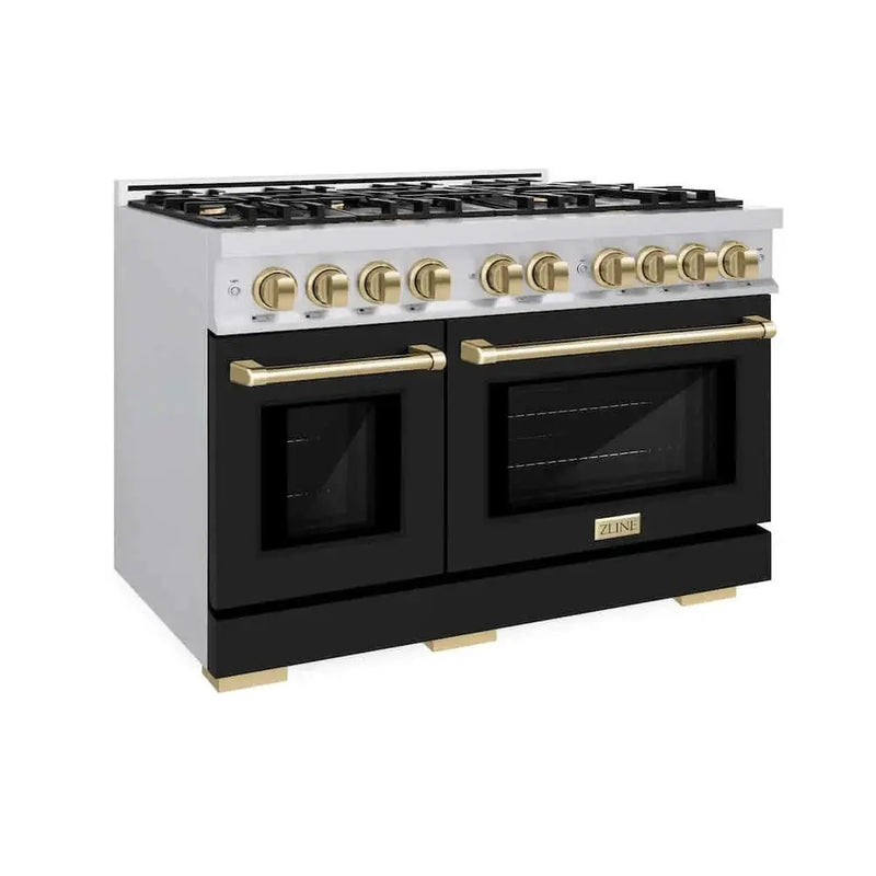 ZLINE 48" Select Gas Range Convection Gas Oven Stainless Steel Black Matte Doors Champagne Bronze HGRZ-BLM-48-CB by Farmhouse Kitchen and Bath