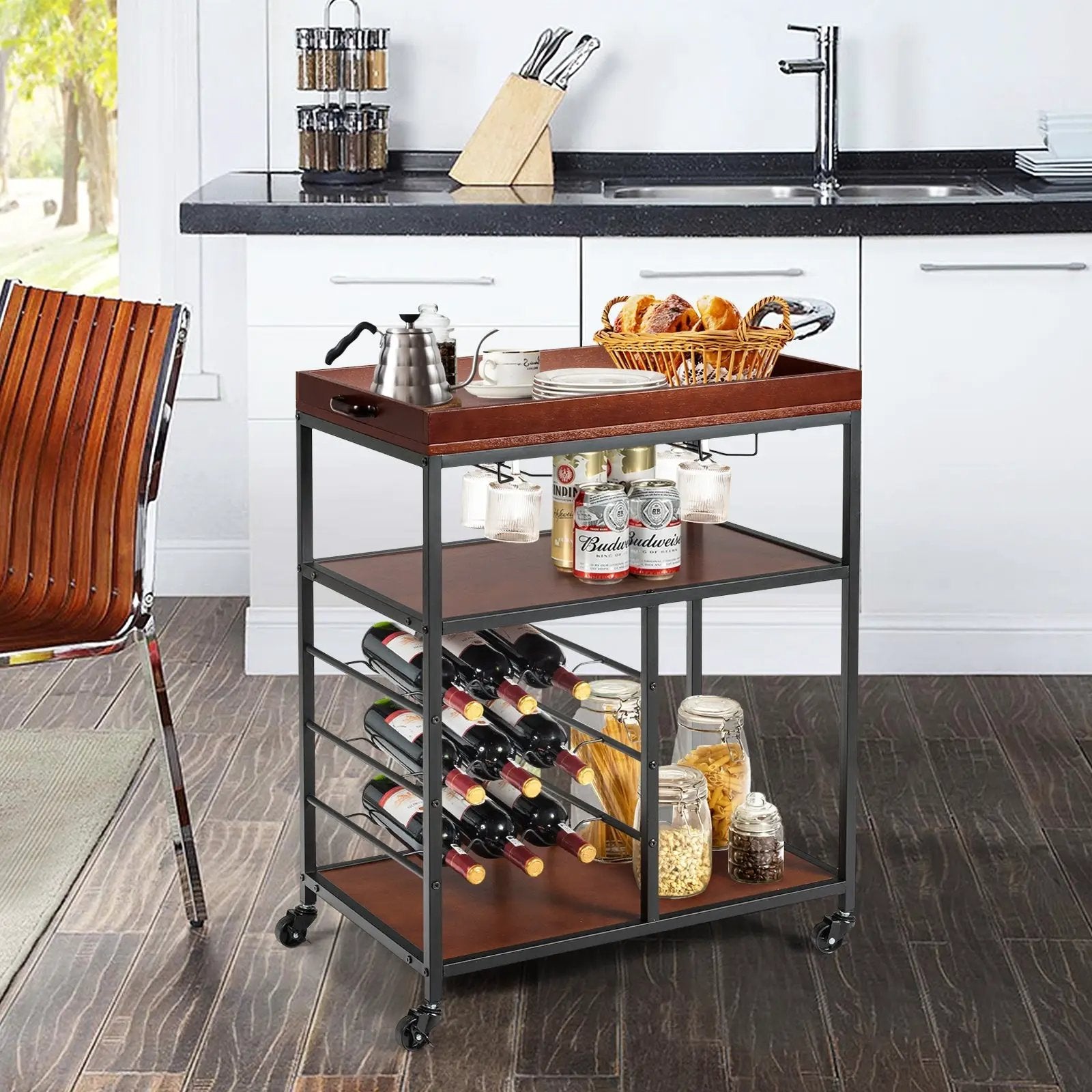 3 Tiers Storage Bar Serving Cart with Wine Rack by DirectDeals
