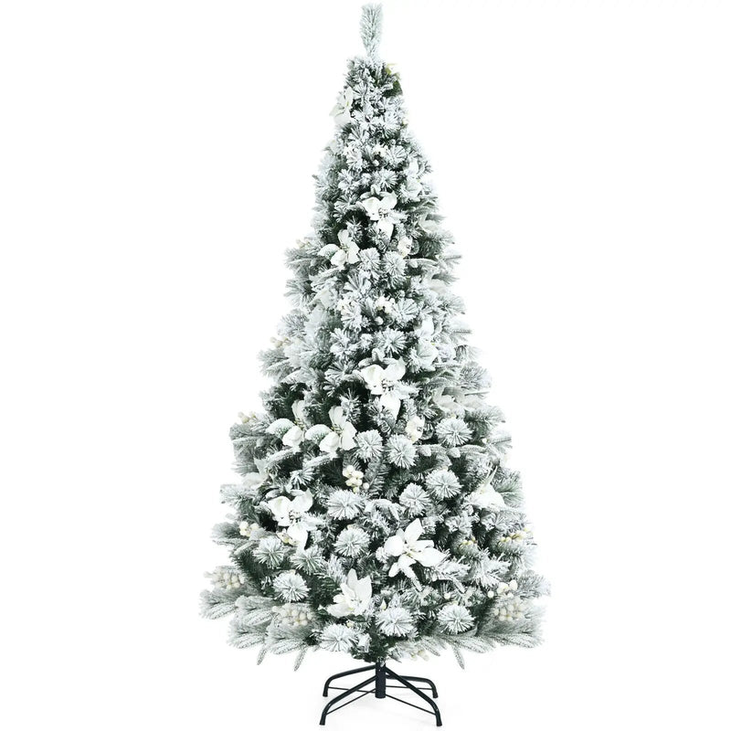 6 Feet Snow Flocked Hinged Christmas Tree with Berries and Poinsettia Flowers by DirectDeals