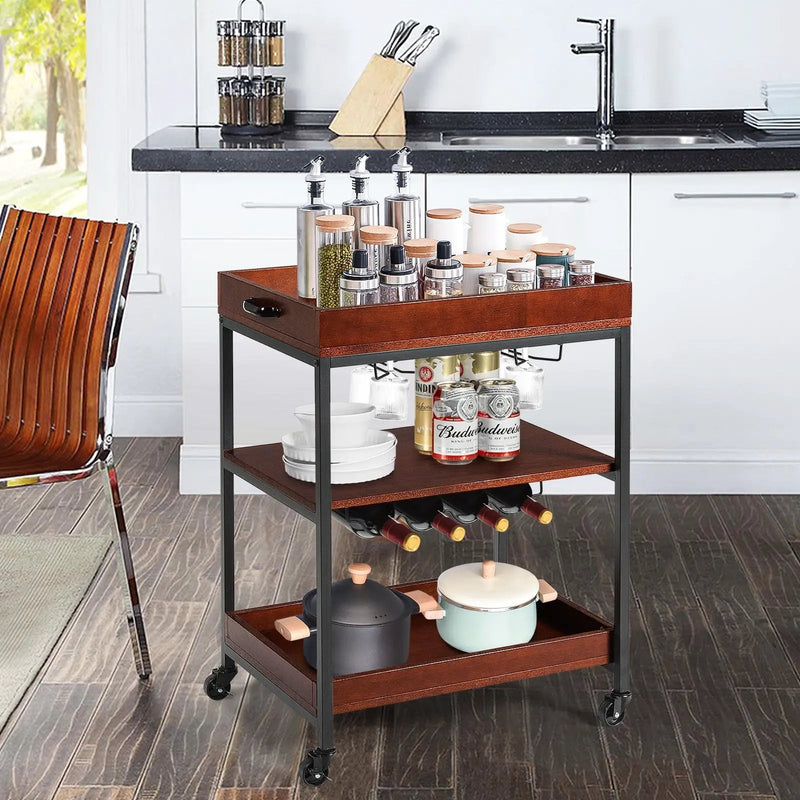 3 Tiers Kitchen Island Serving Bar Cart with Glasses Holder and Wine Bottle Rack by DirectDeals