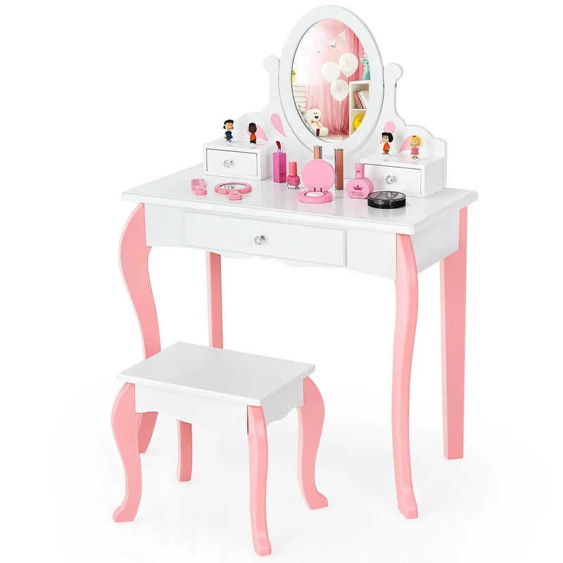 Kids Vanity Princess Makeup Dressing Table Stool Set with Mirror and Drawer by DirectDeals