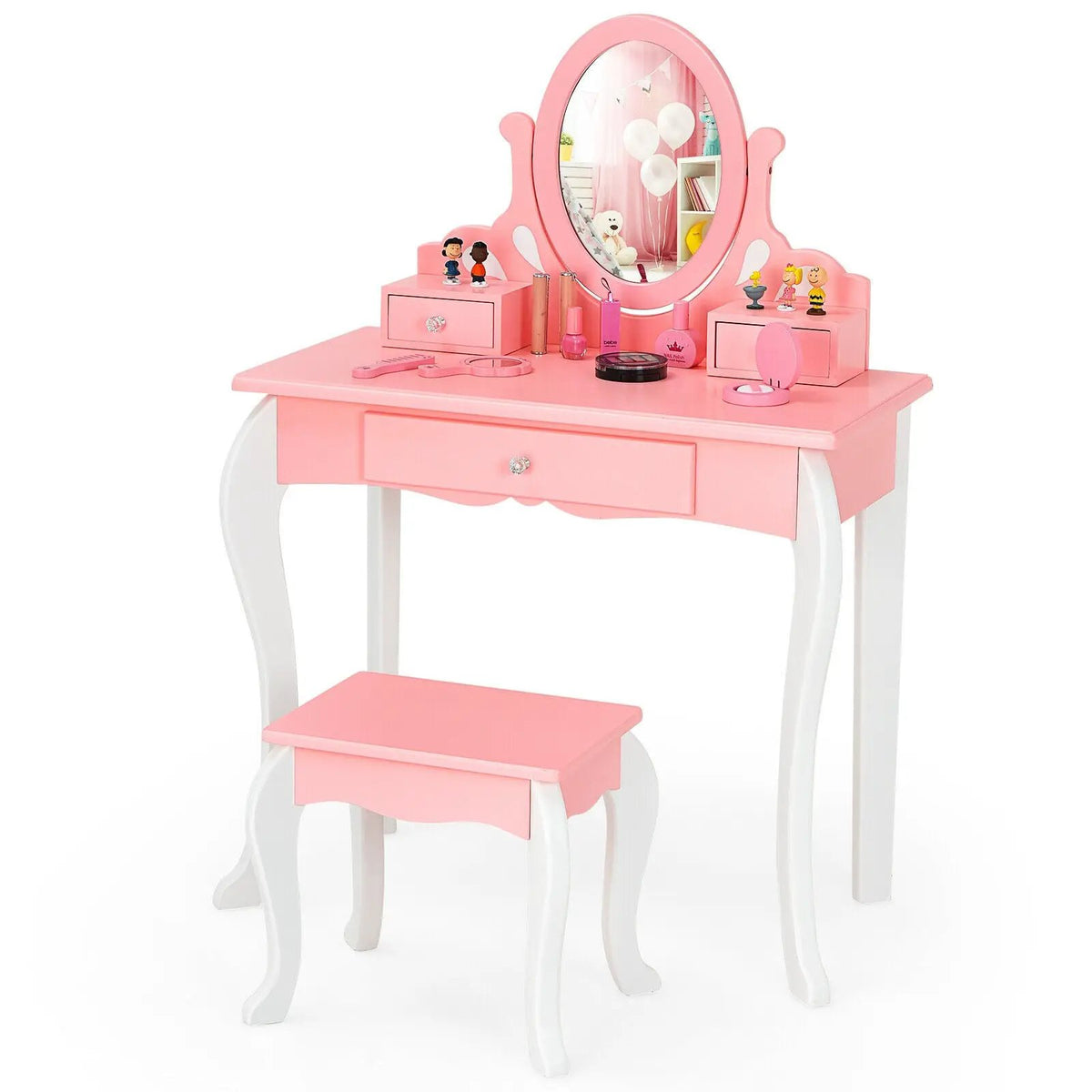 Kids Vanity Princess Makeup Dressing Table Stool Set with Mirror and Drawer by DirectDeals