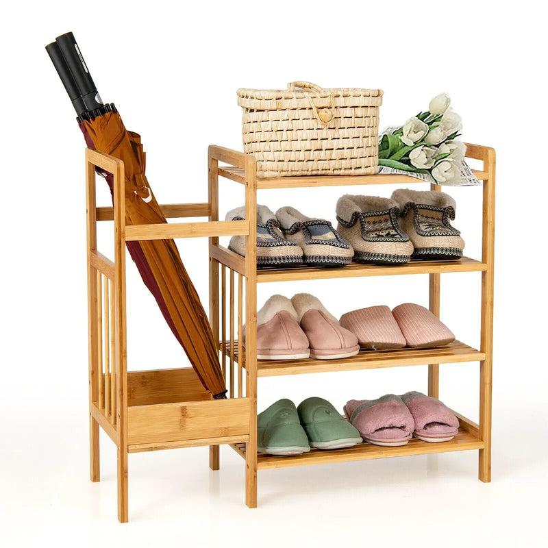 4-Tier Bamboo Shoe Rack Organiser with Umbrella Holder-Natural by DirectDeals