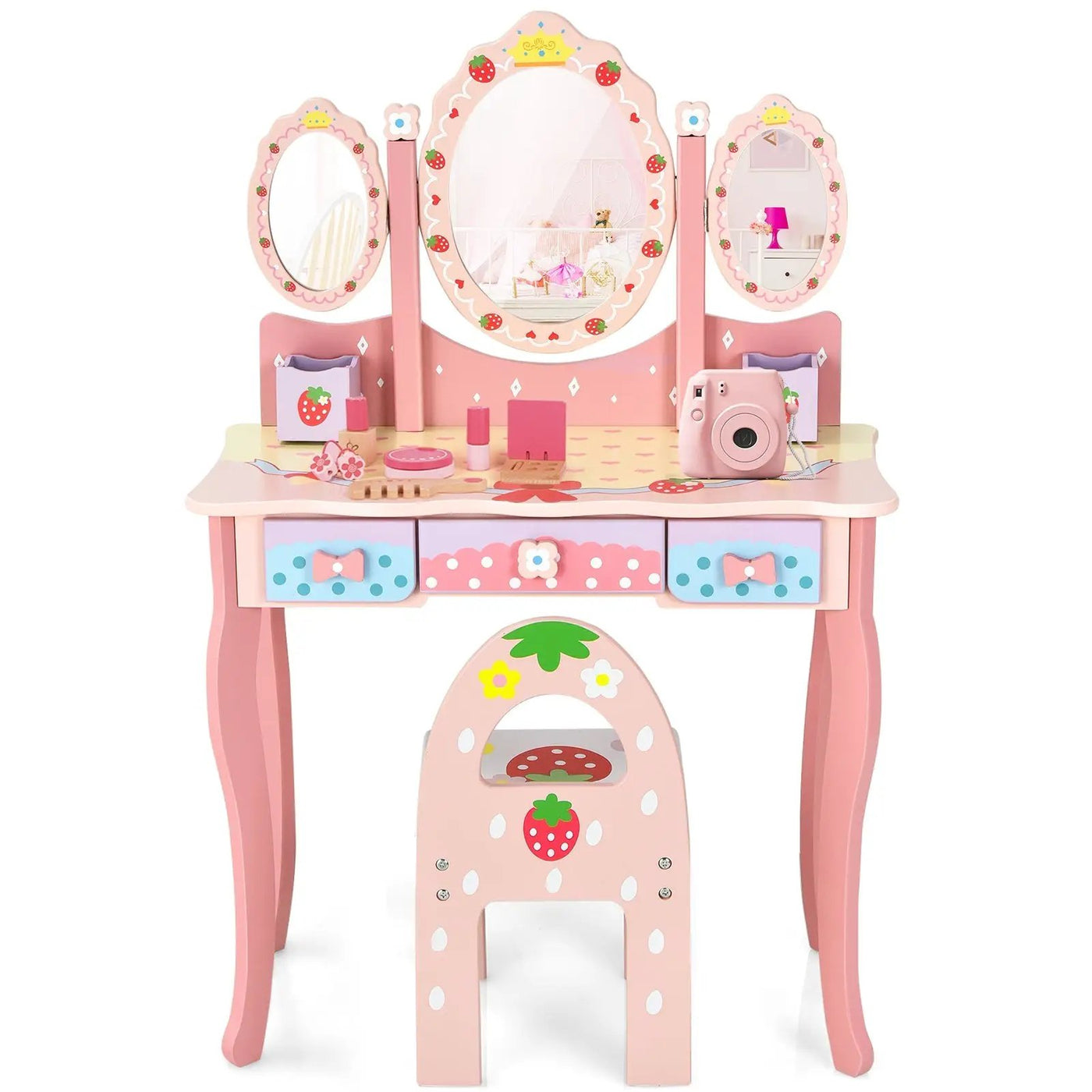 Kids Vanity Princess Makeup Dressing Table Chair Set with Tri-fold Mirror by DirectDeals