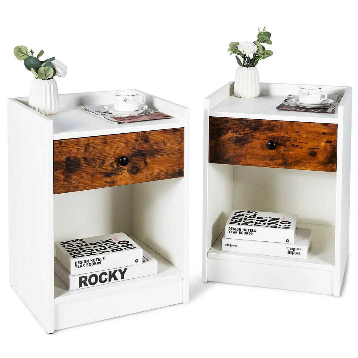 Set of 2 Nightstand with Drawer Cabinet End Side Table Raised Top by DirectDeals