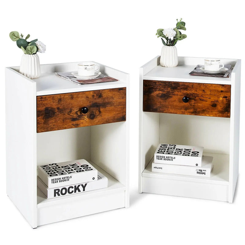 Set of 2 Nightstand with Drawer Cabinet End Side Table Raised Top by DirectDeals