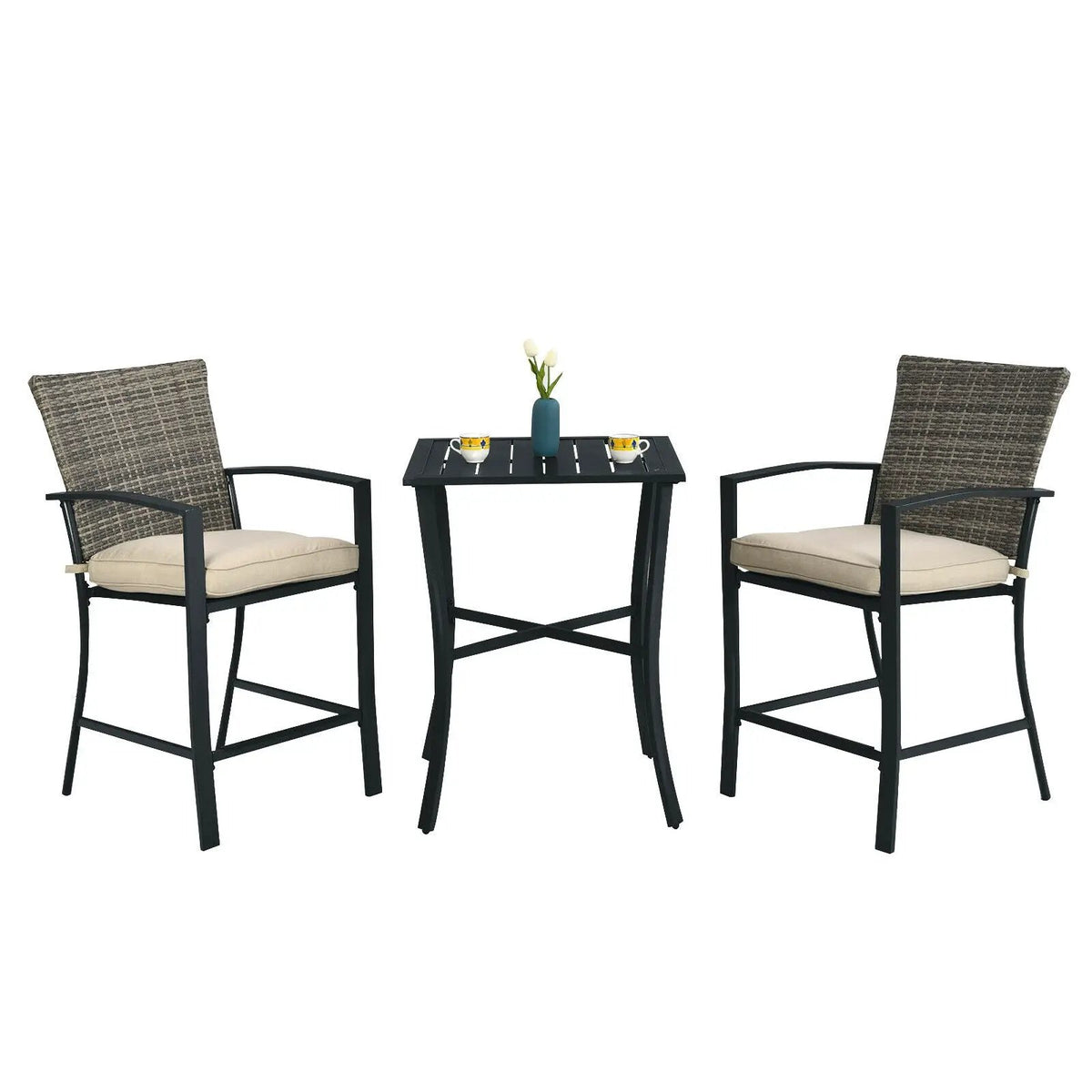 3 Pieces Rattan Bar Furniture Set with Slat Table and 2 Cushioned Stools by DirectDeals