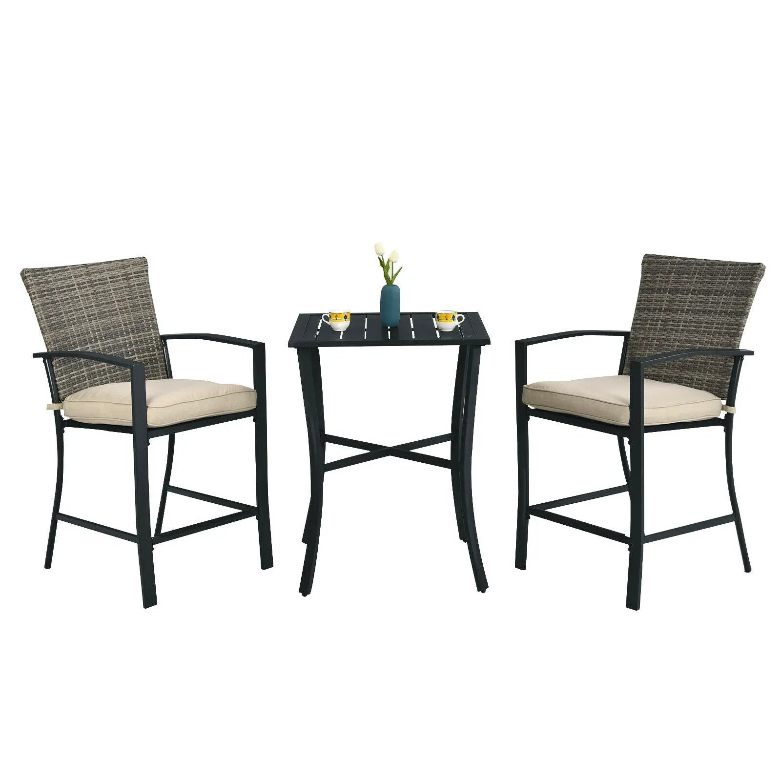 3 Pieces Rattan Bar Furniture Set with Slat Table and 2 Cushioned Stools by DirectDeals