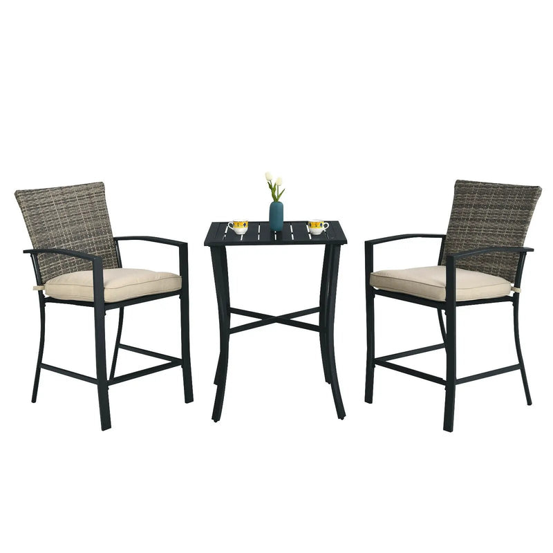 3 Pieces Rattan Bar Furniture Set with Slat Table and 2 Cushioned Stools by DirectDeals