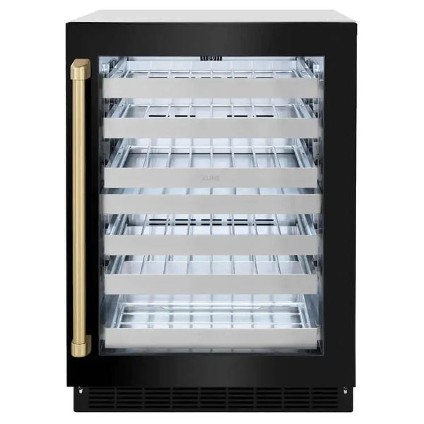 ZLINE 24" Touchstone Dual Zone 44 Bottle Wine Cooler Black Stainless Steel Glass Door Champagne Bronze Handle  RWDOZ-BS-24-CB