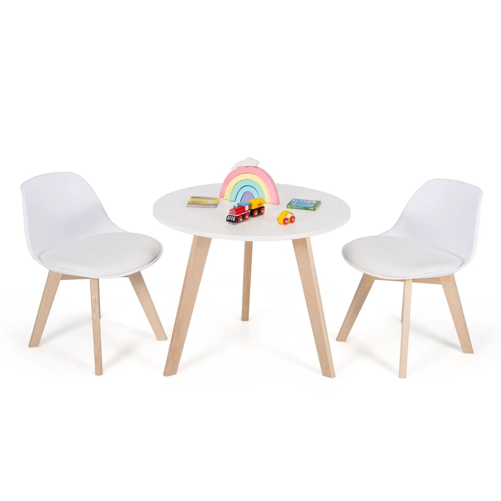 Modern Kids Activity Play Table and 2 Chairs Set with Beech Leg Cushion-White by DirectDeals