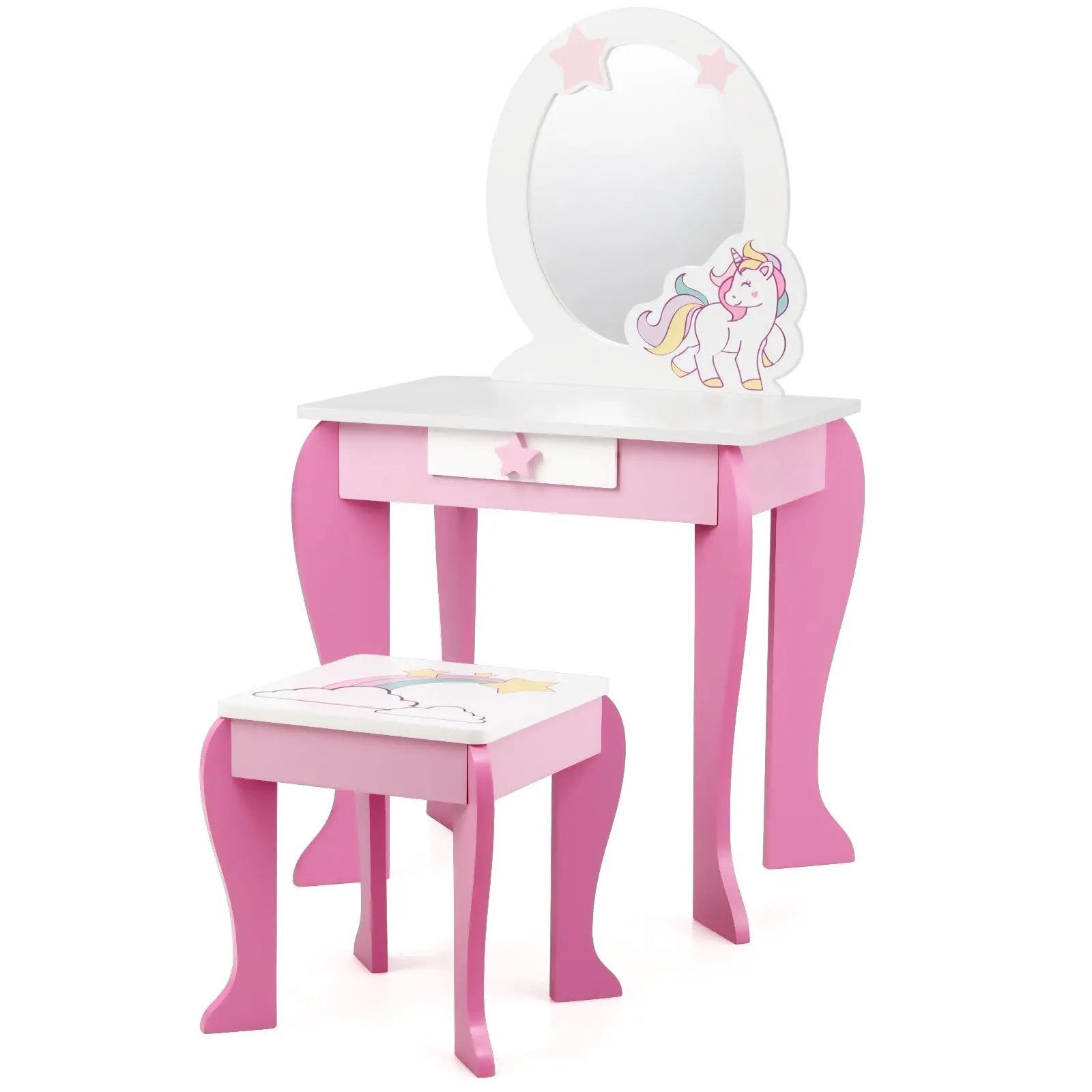 Kids Wooden Makeup Dressing Table and Chair Set with Mirror and Drawer by DirectDeals