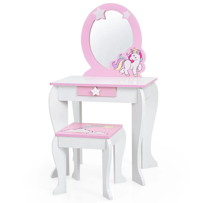 Kids Wooden Makeup Dressing Table and Chair Set with Mirror and Drawer by DirectDeals