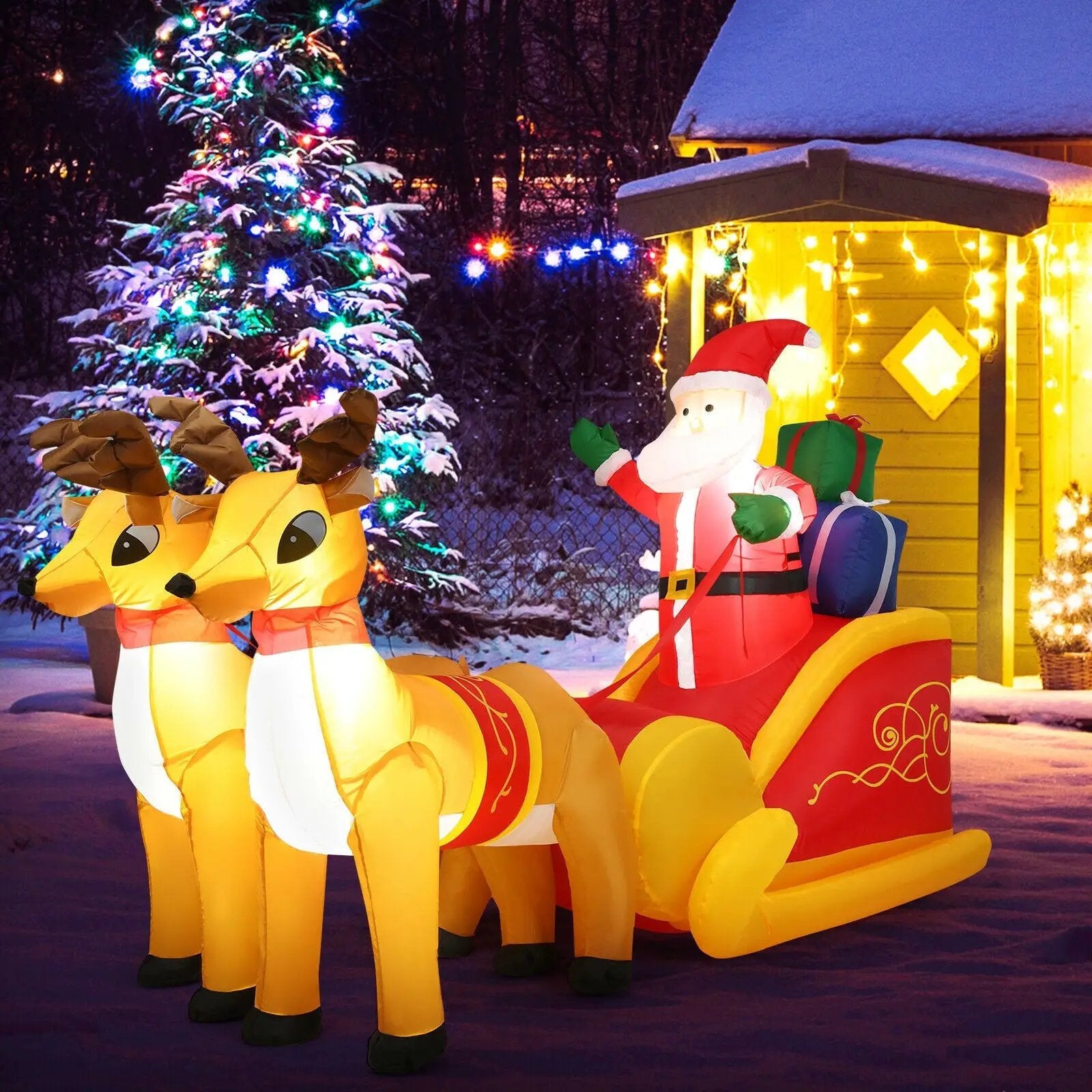 7.5 Feet Waterproof Outdoor Inflatable Santa with Double Deer and Sled by DirectDeals