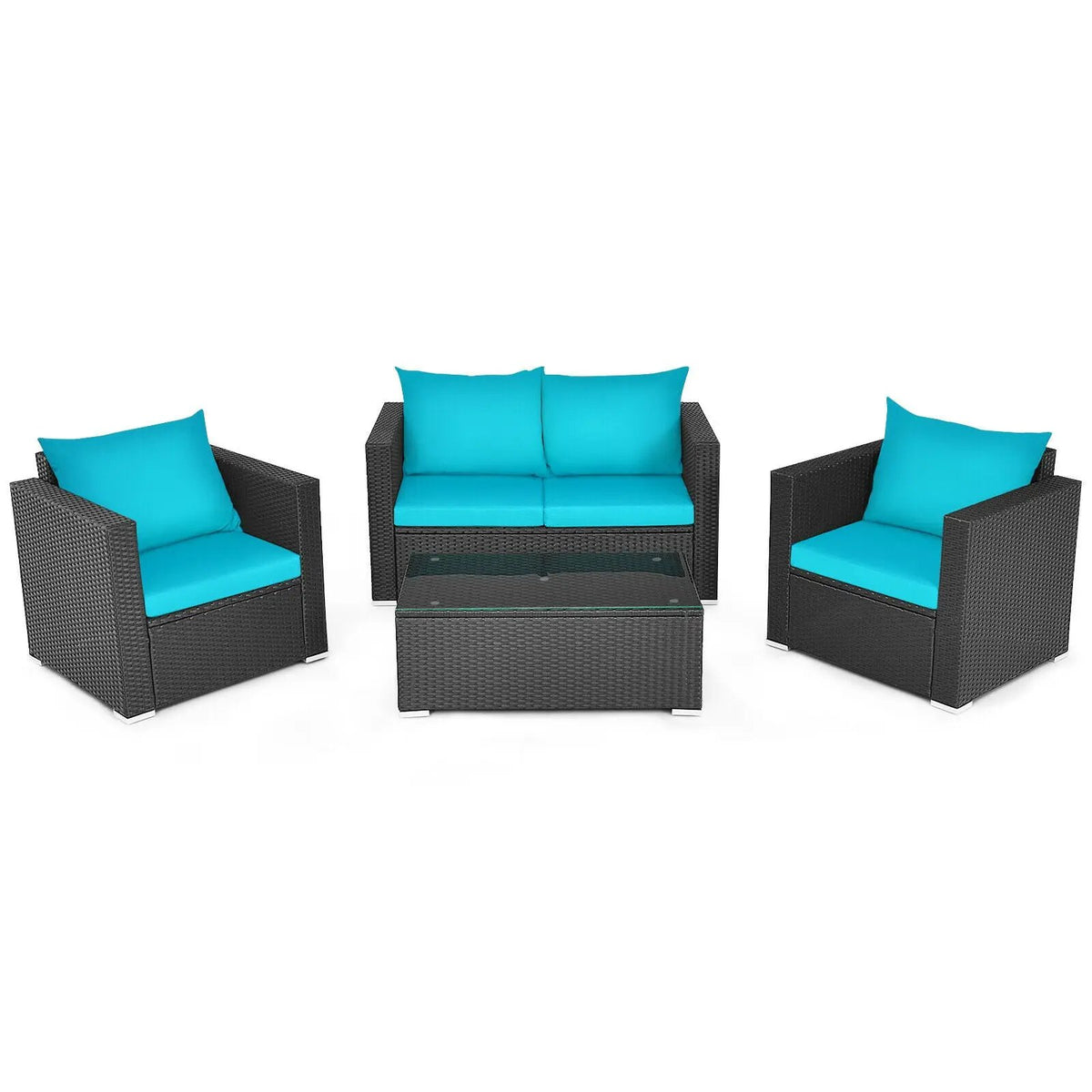4 Pieces Patio Rattan Conversation Set with Cushions and Coffee Table-Black by DirectDeals