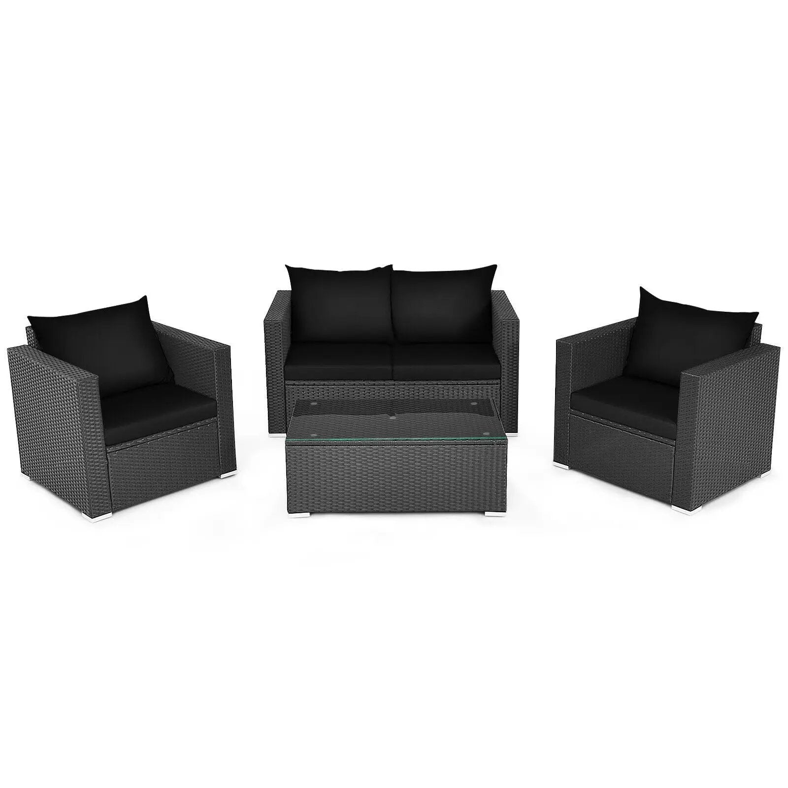 4 Pieces Patio Rattan Conversation Set with Cushions and Coffee Table-Black by DirectDeals
