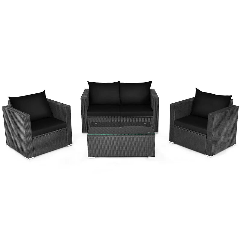 4 Pieces Patio Rattan Conversation Set with Cushions and Coffee Table-Black by DirectDeals