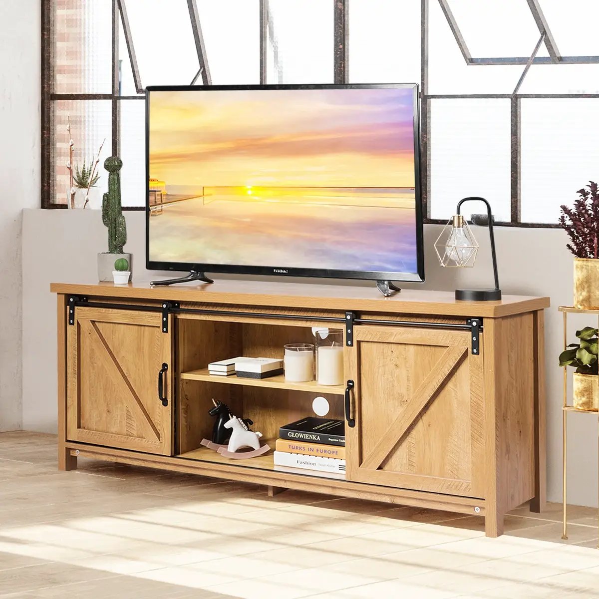 TV Stand Media Center Console Cabinet with Sliding Barn Door by DirectDeals