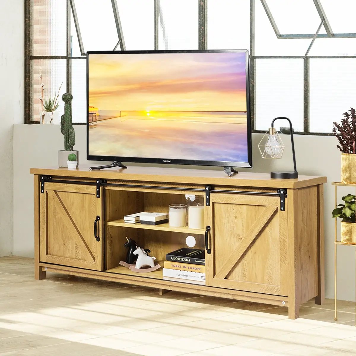 TV Stand Media Center Console Cabinet with Sliding Barn Door by DirectDeals