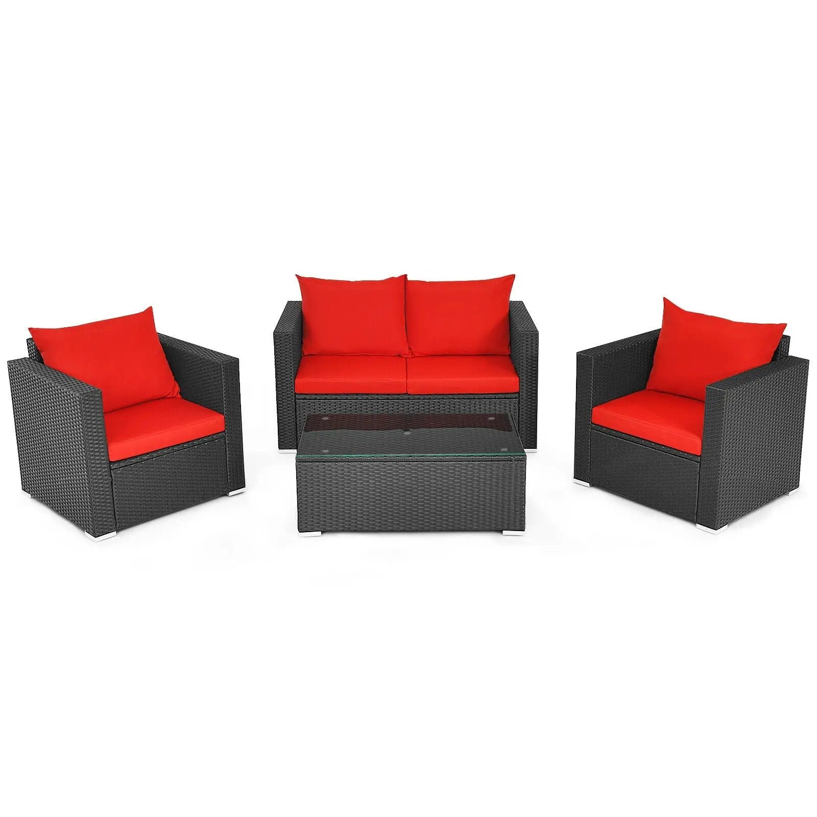 4 Pieces Patio Rattan Conversation Set with Cushions and Coffee Table-Black by DirectDeals