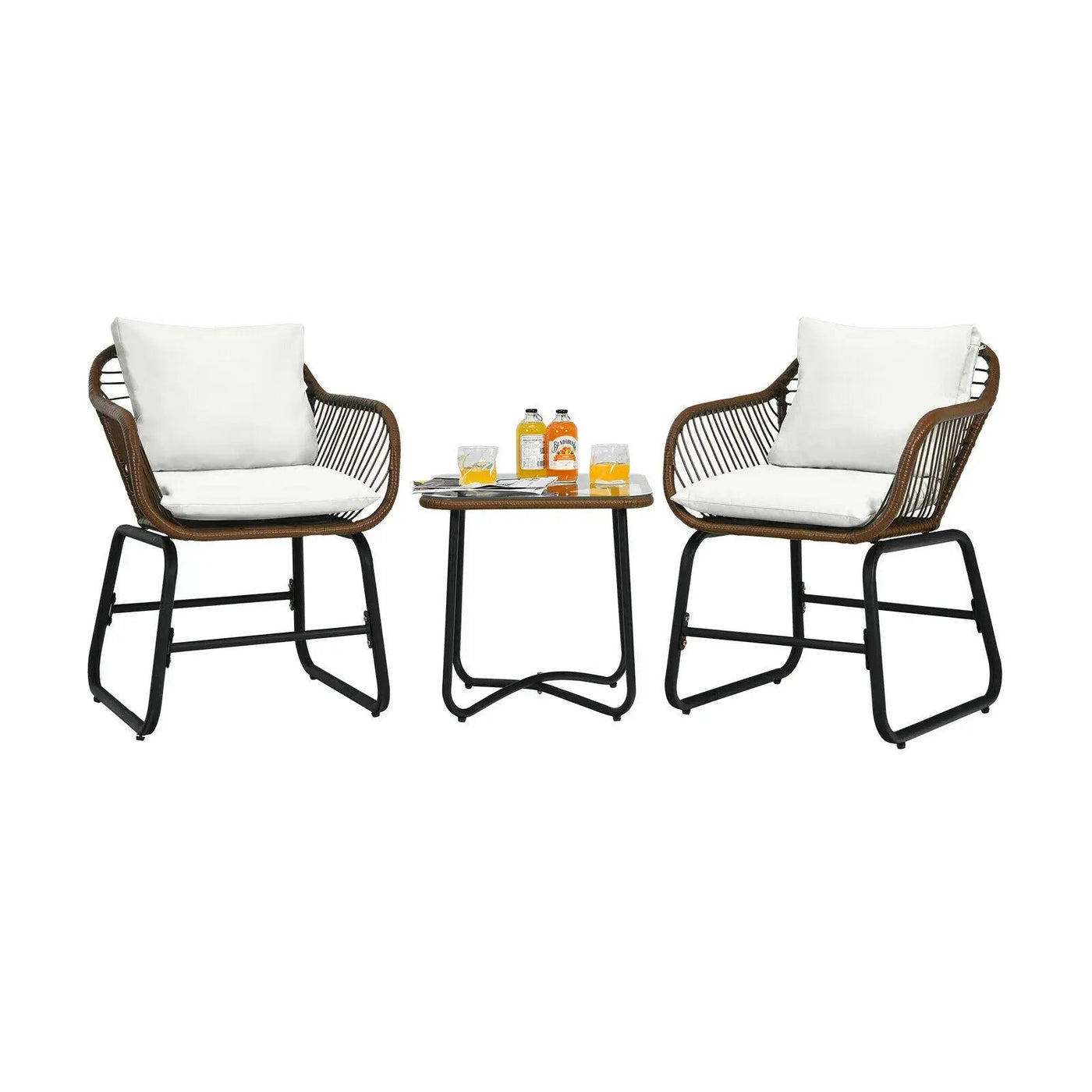 3 Pieces Patio Rattan Bistro Set Cushioned Chair Glass Table Deck by DirectDeals