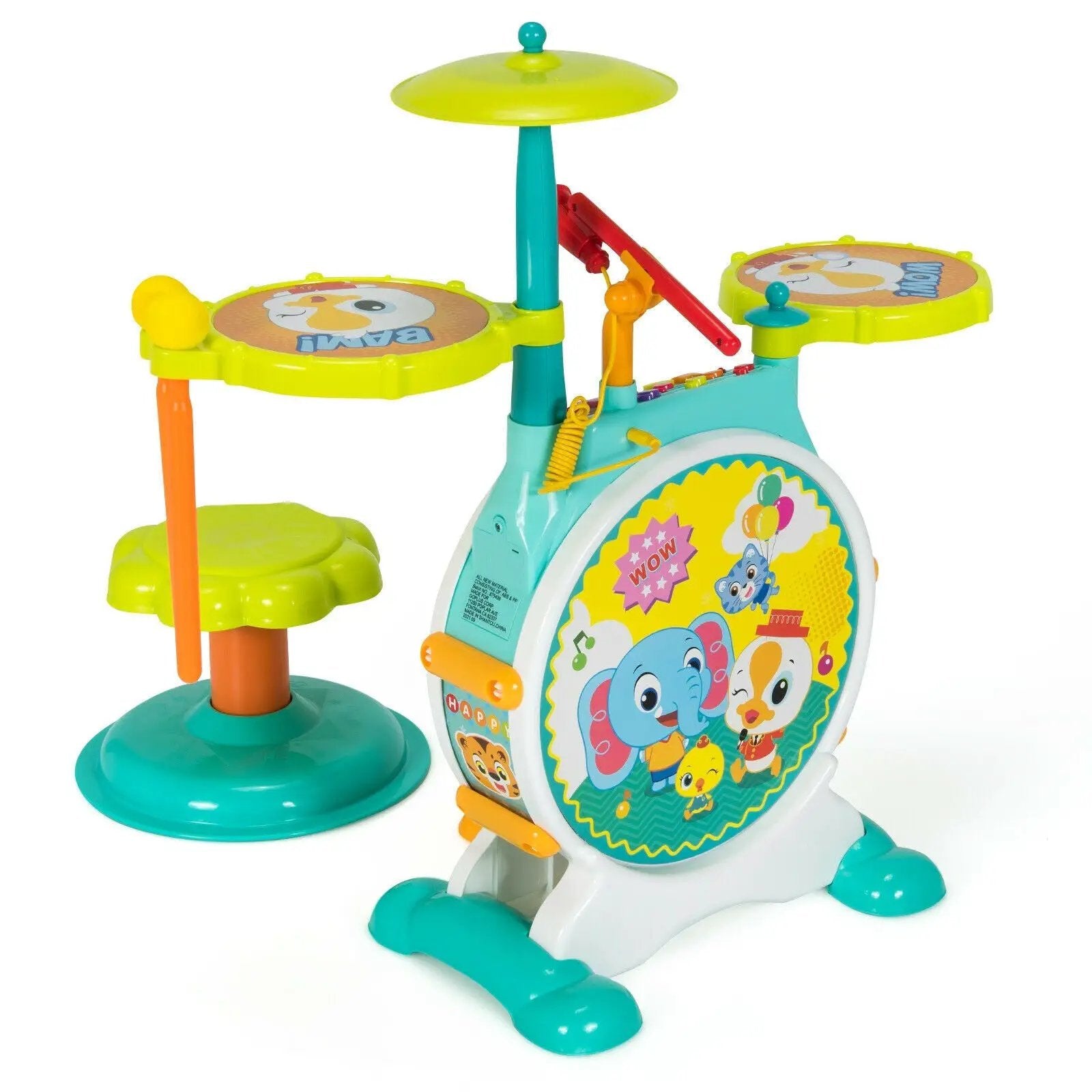 3 Pieces Electric Kids Drum Set with Microphone Stool Pedal by DirectDeals