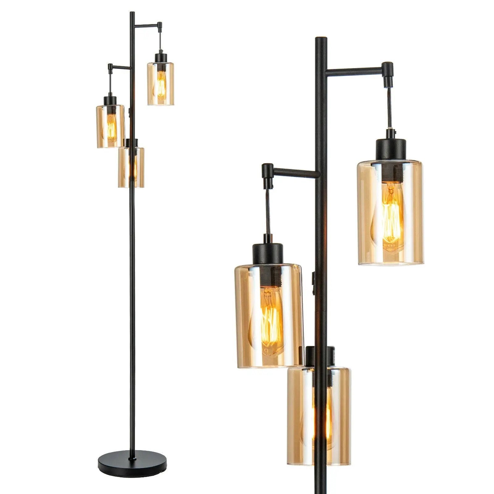 Retro Floor Lamp with 3-Head Hanging Amber Glass Shade by DirectDeals