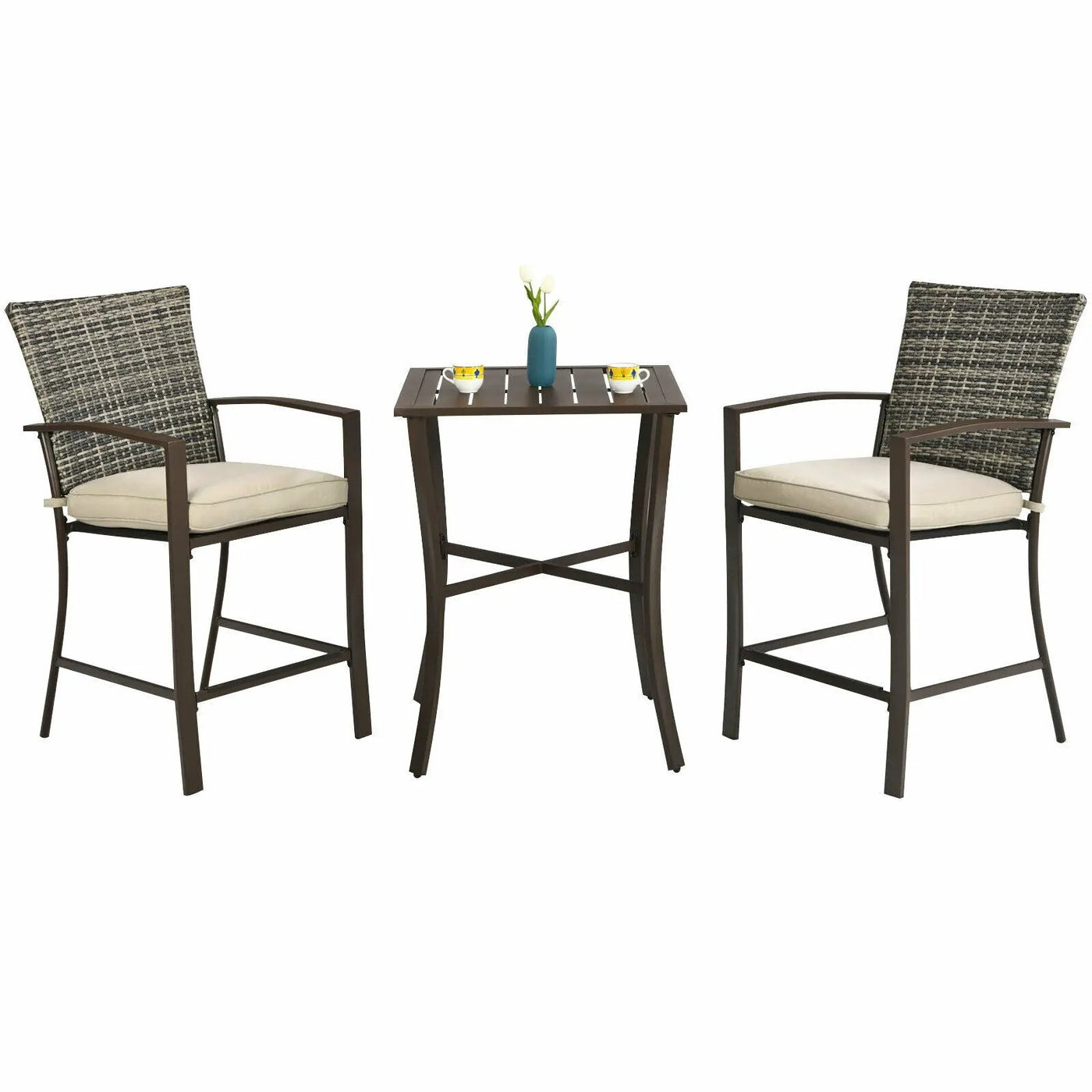 3 Pieces Rattan Bar Furniture Set with Slat Table and 2 Cushioned Stools by DirectDeals