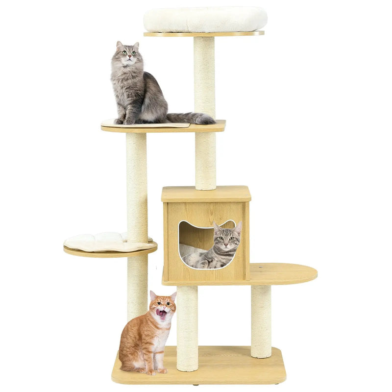 4 Levels Modern Wood Cat Tower with Washable Mats-Walnut by DirectDeals