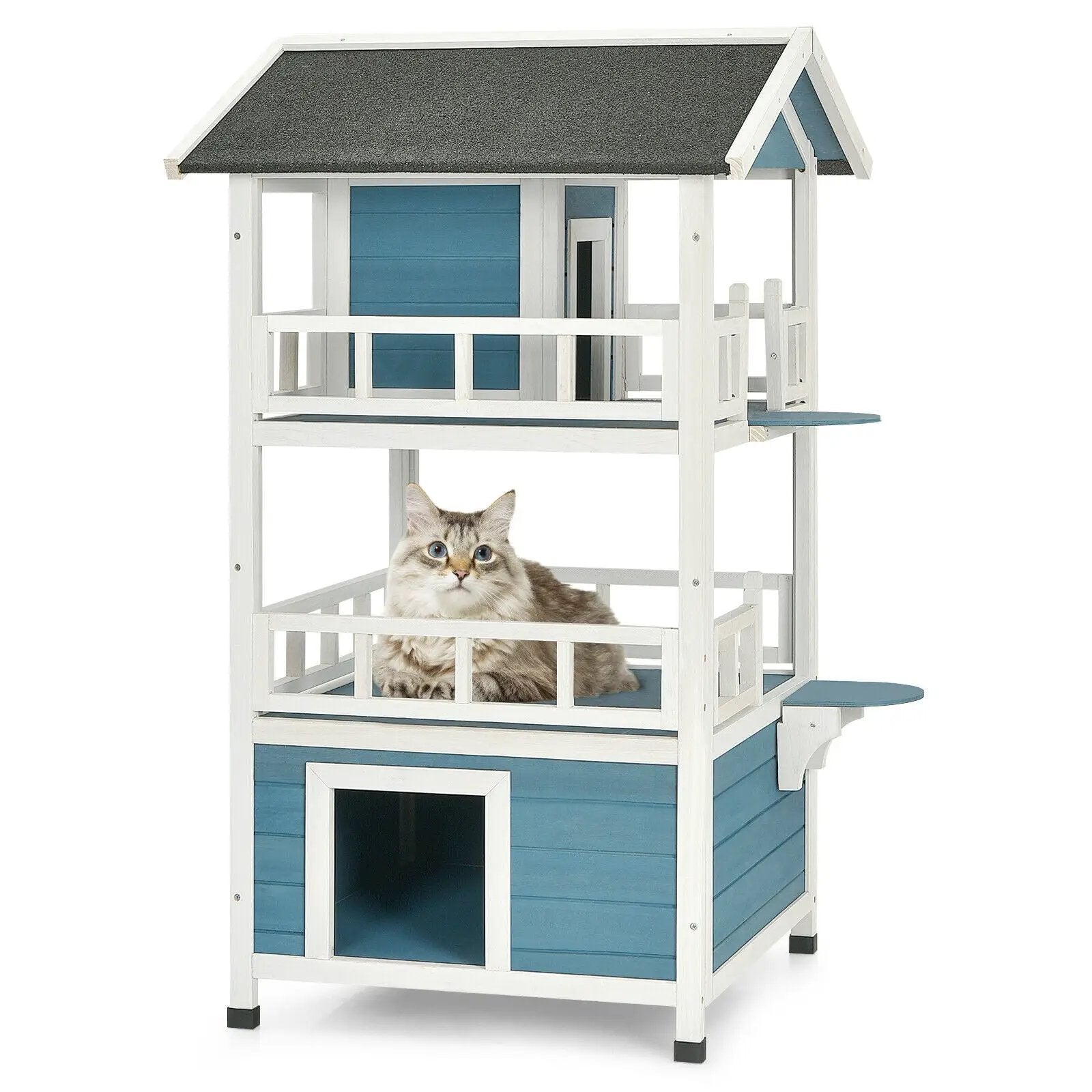 2-Story Outdoor Wooden Catio Cat House Shelter with Enclosure by DirectDeals