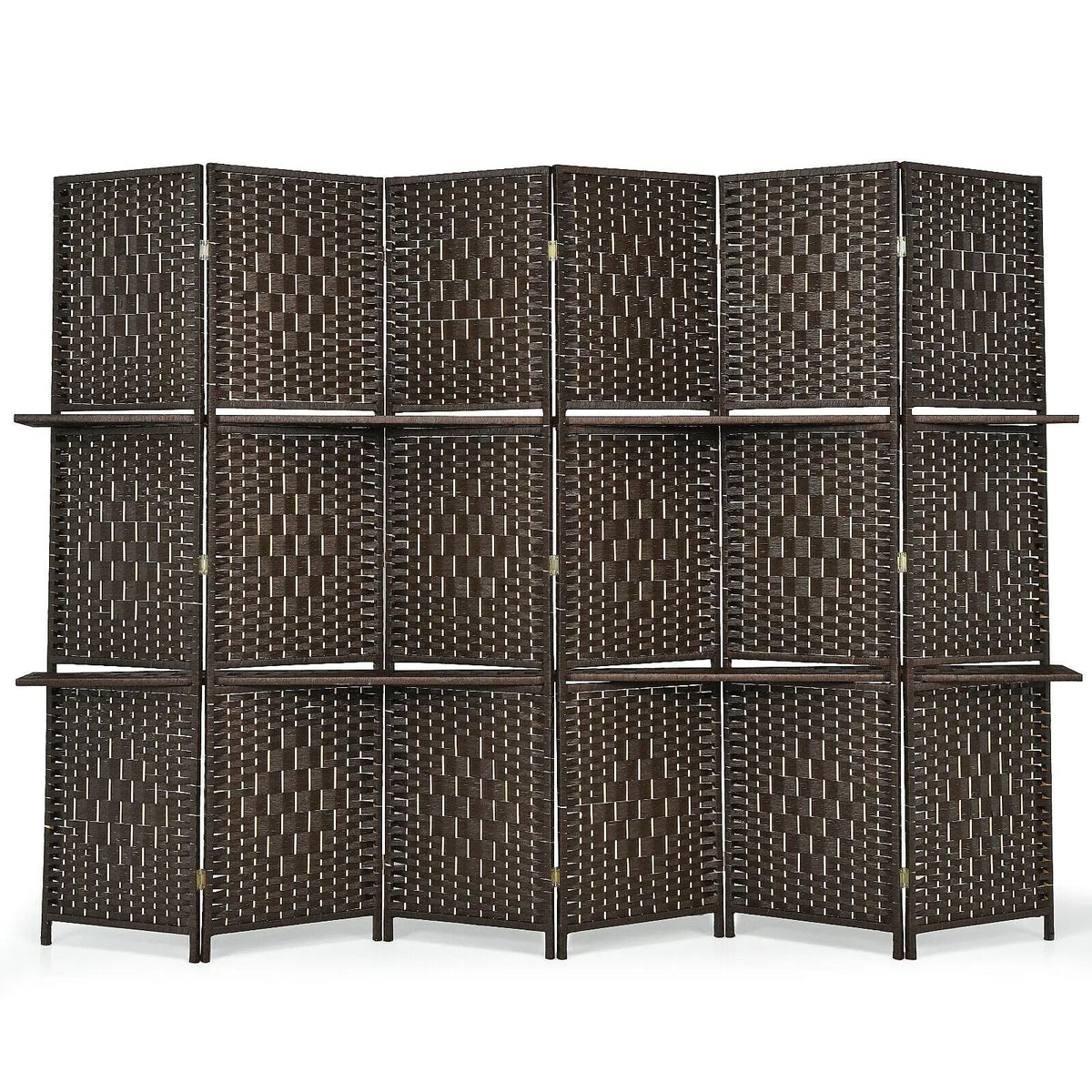 6 Panel Folding Weave Fiber Room Divider with 2 Display Shelves by DirectDeals