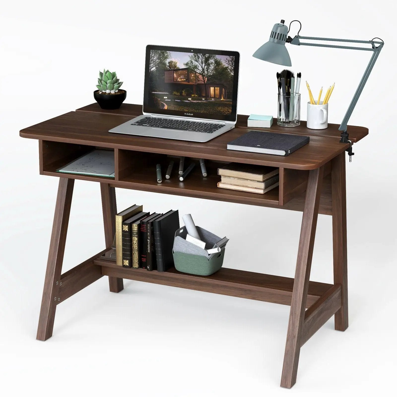 Mid Century Writing Desk with Storage Cubes and Hidden Compartment by DirectDeals