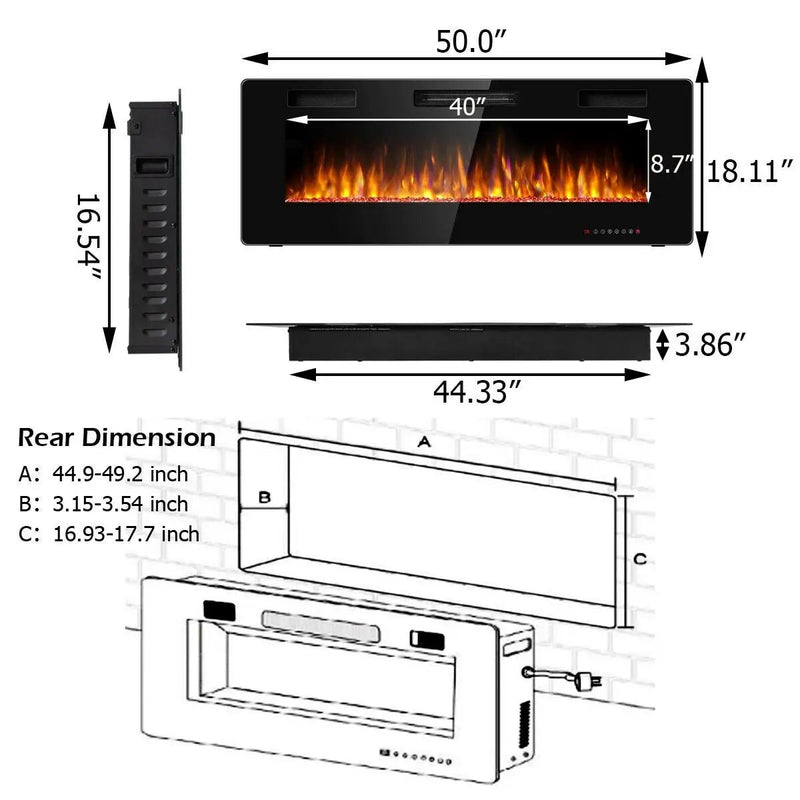 50 Inch Recessed Ultra Thin Electric Fireplace with Timer by DirectDeals