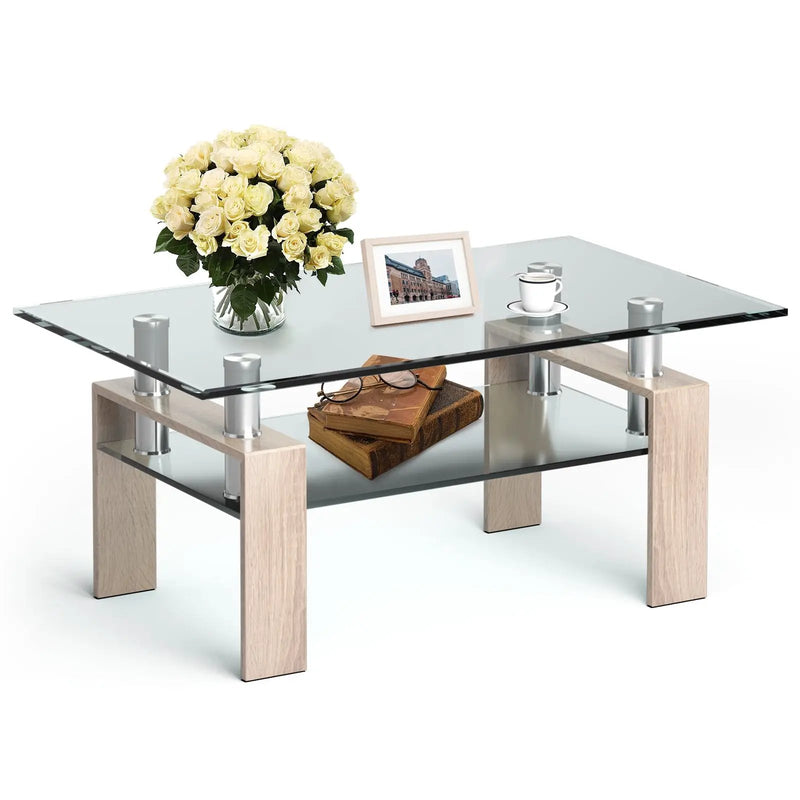 Rectangle Glass Coffee Table with Metal Legs for Living Room by DirectDeals