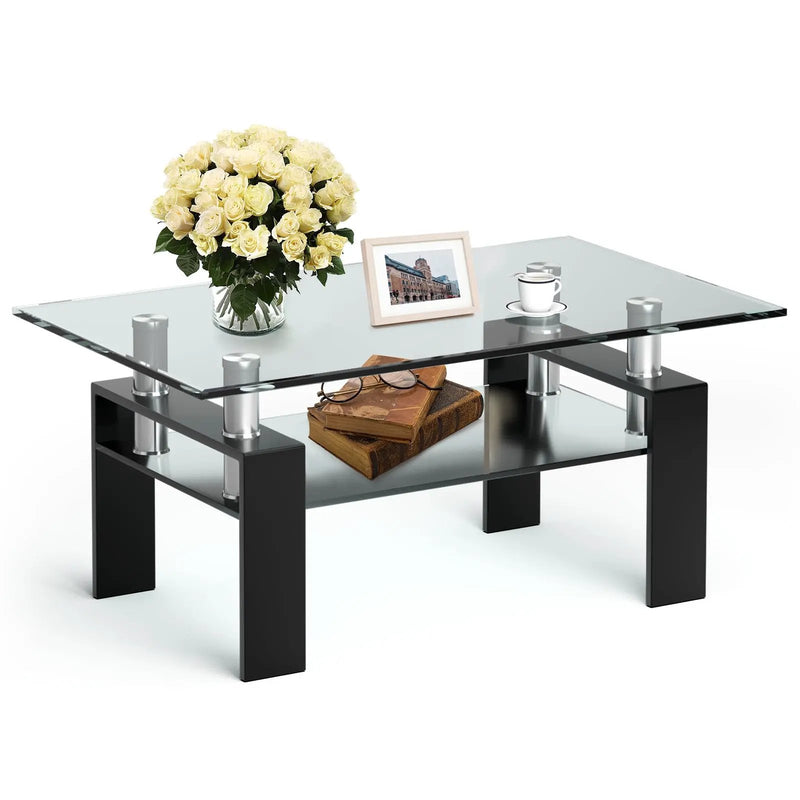 Rectangle Glass Coffee Table with Metal Legs for Living Room by DirectDeals