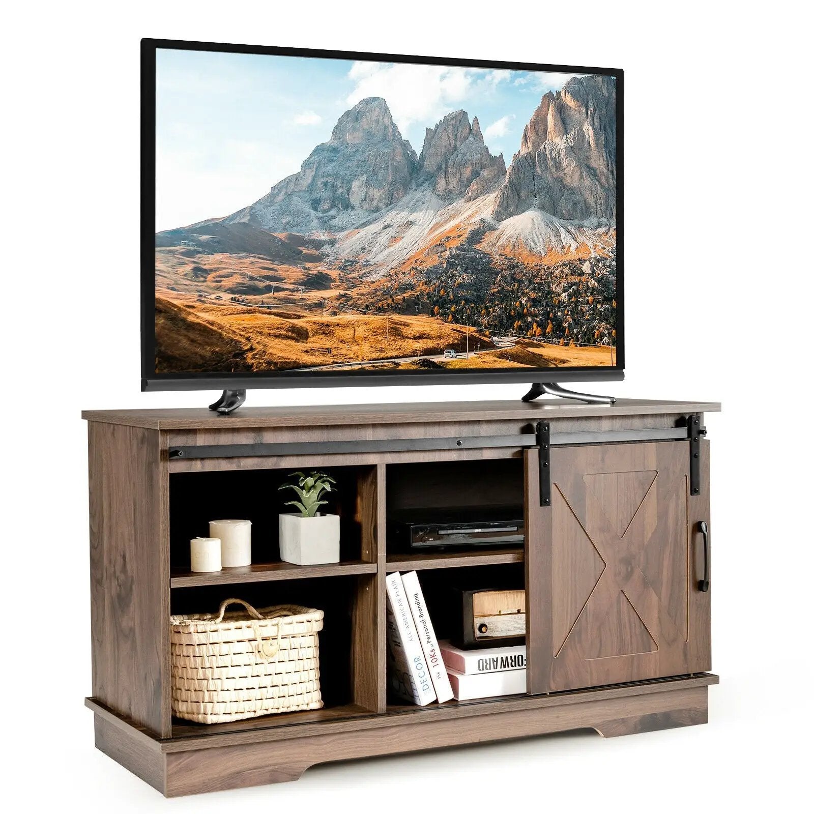 Sliding Barn Door TV Stand with Adjustable Shelf Cabinet-Dark Walnut by DirectDeals