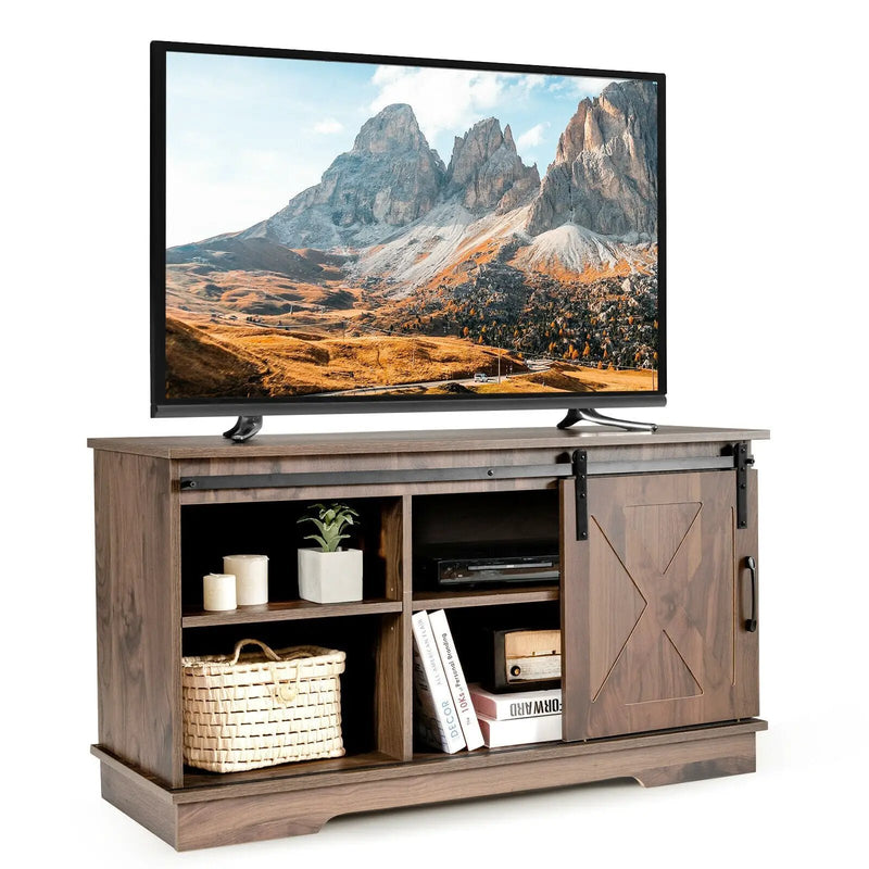 Sliding Barn Door TV Stand with Adjustable Shelf Cabinet-Dark Walnut by DirectDeals