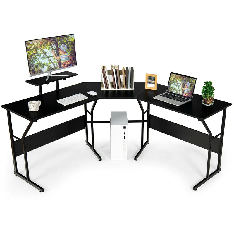 88.5 Inch L Shaped Reversible Computer Desk Table with Monitor Stand by DirectDeals