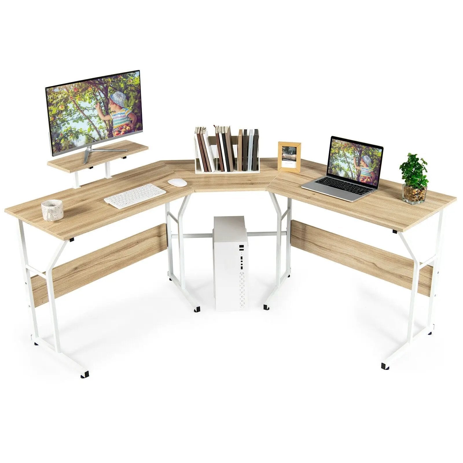 88.5 Inch L Shaped Reversible Computer Desk Table with Monitor Stand by DirectDeals