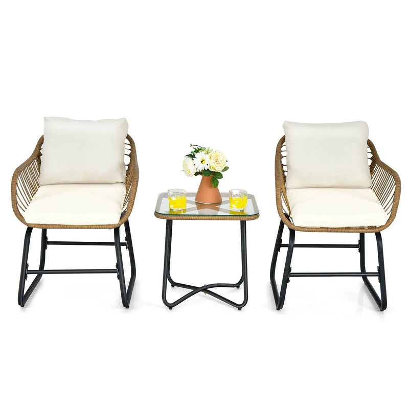 3-Piece Patio Bistro Set with 2 Rattan Chairs and Square Glass Coffee Table-White by DirectDeals