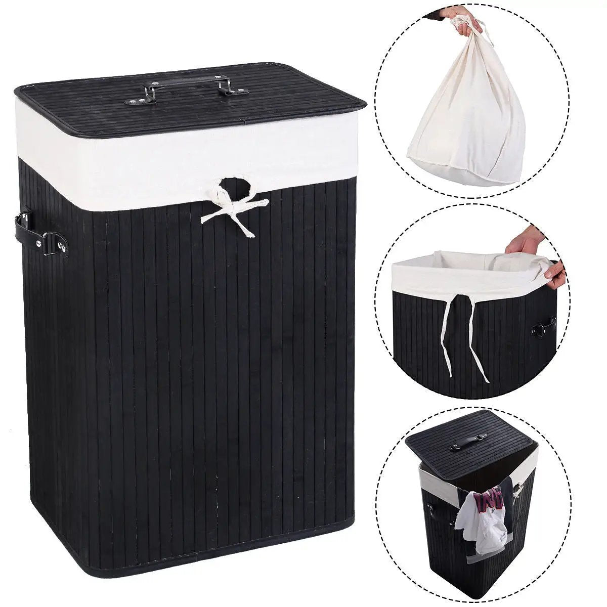 19 Gal Rectangle Laundry Basket Bamboo Clothes Hamper with Handles and Lid by DirectDeals