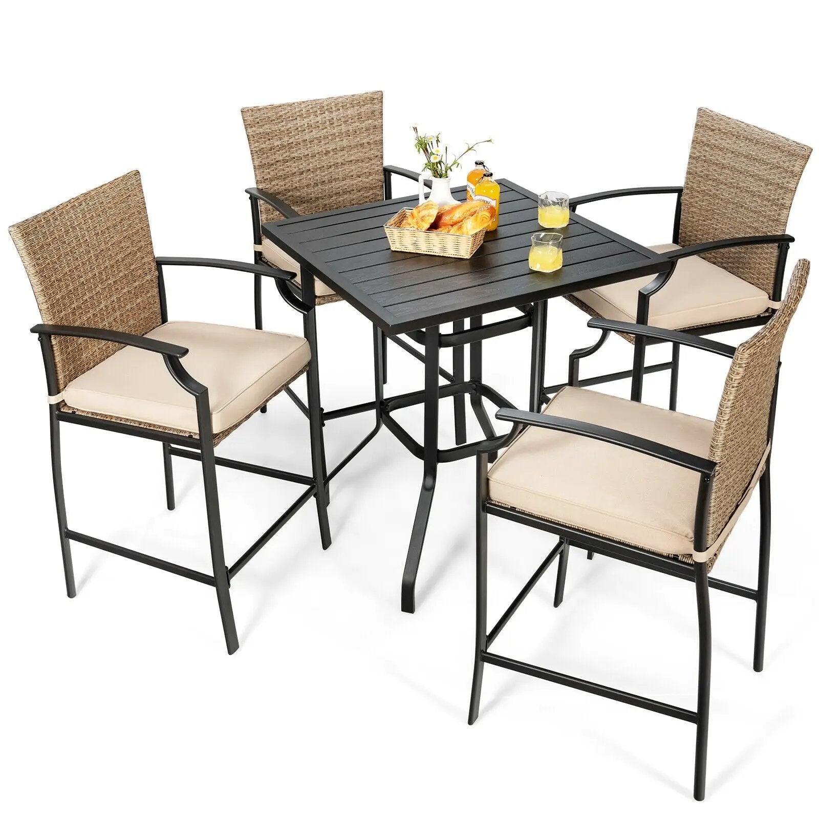 5 Pieces Outdoor Rattan Bistro Bar Stool Table Set with Cushions by DirectDeals