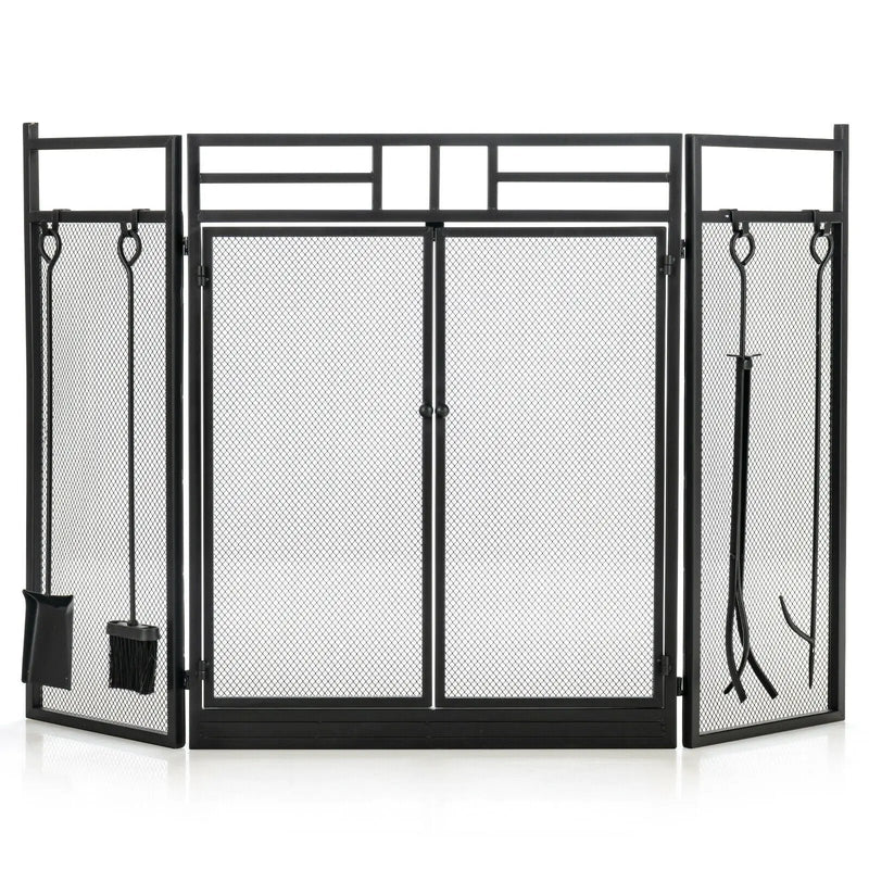 3-Panel Folding Wrought Iron Fireplace Screen with Doors and 4 Pieces Tools Set-Black by DirectDeals