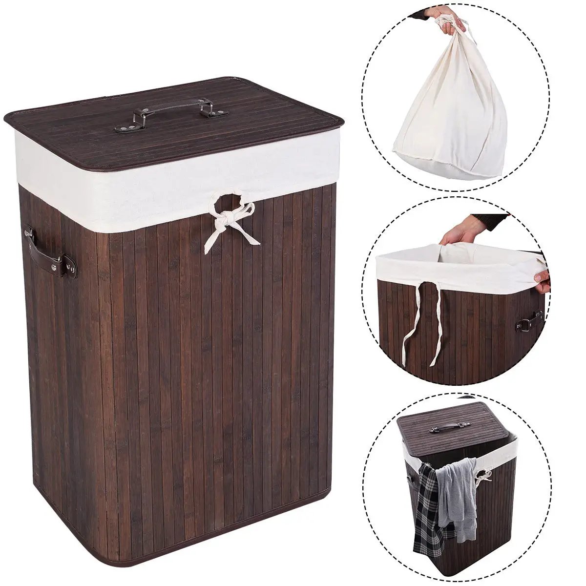 19 Gal Rectangle Laundry Basket Bamboo Clothes Hamper with Handles and Lid by DirectDeals
