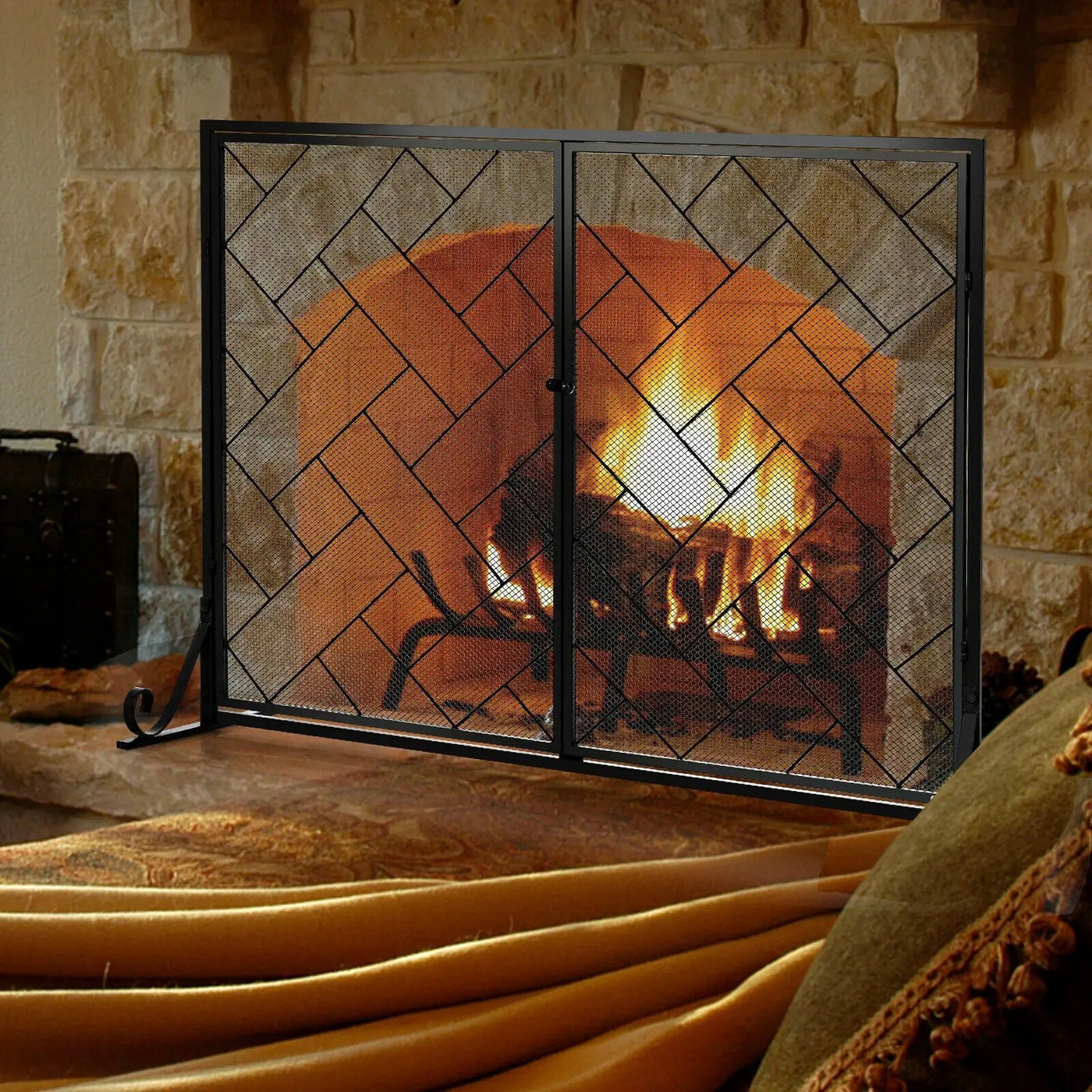 2-Panel Fireplace Screen Folding Metal Fire Place Safety Fence with Magnetic Doors by DirectDeals