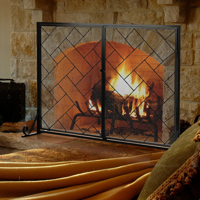 2-Panel Fireplace Screen Folding Metal Fire Place Safety Fence with Magnetic Doors by DirectDeals