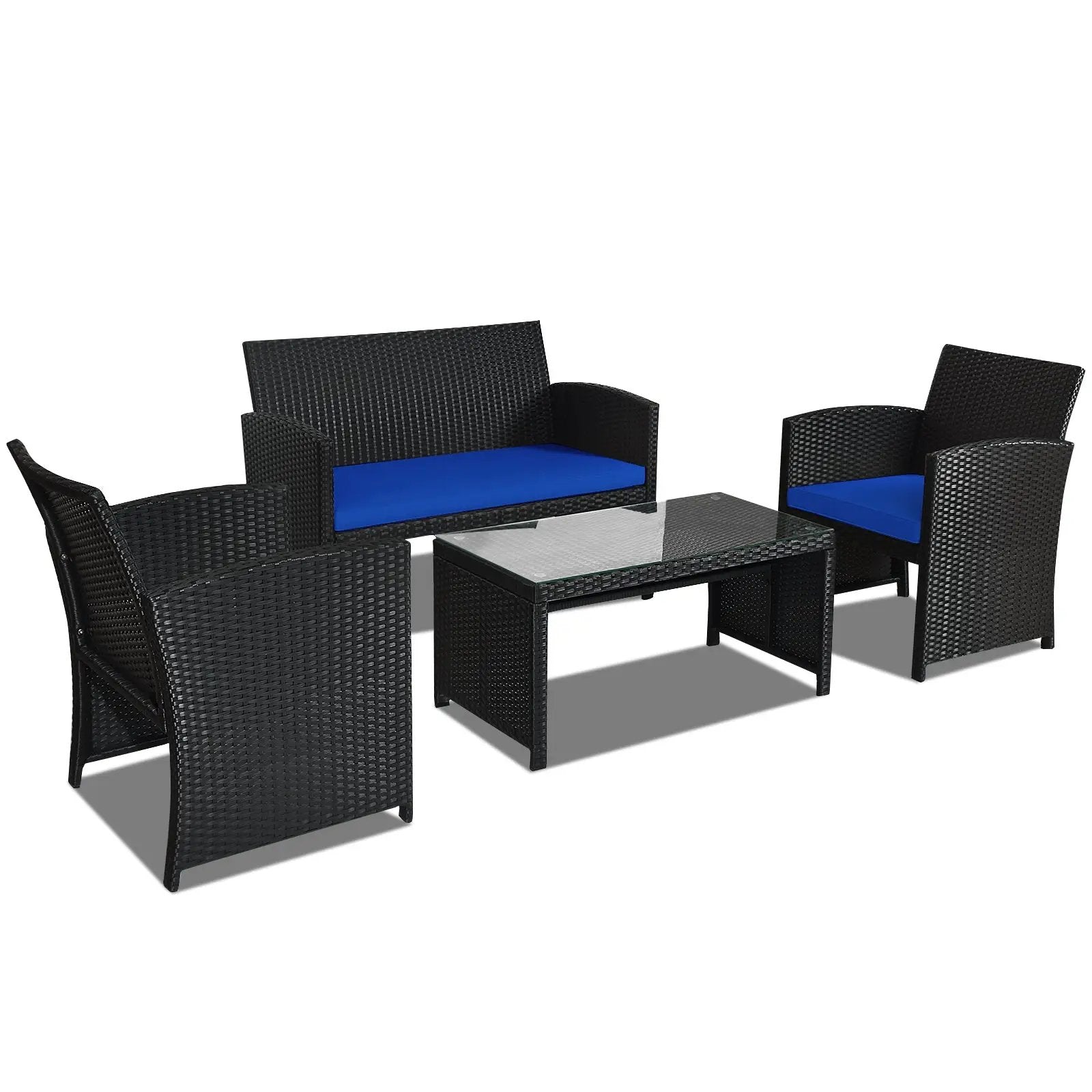 4 Pieces Rattan Patio Furniture Set with Weather Resistant Cushions and Tempered Glass Tabletop by DirectDeals