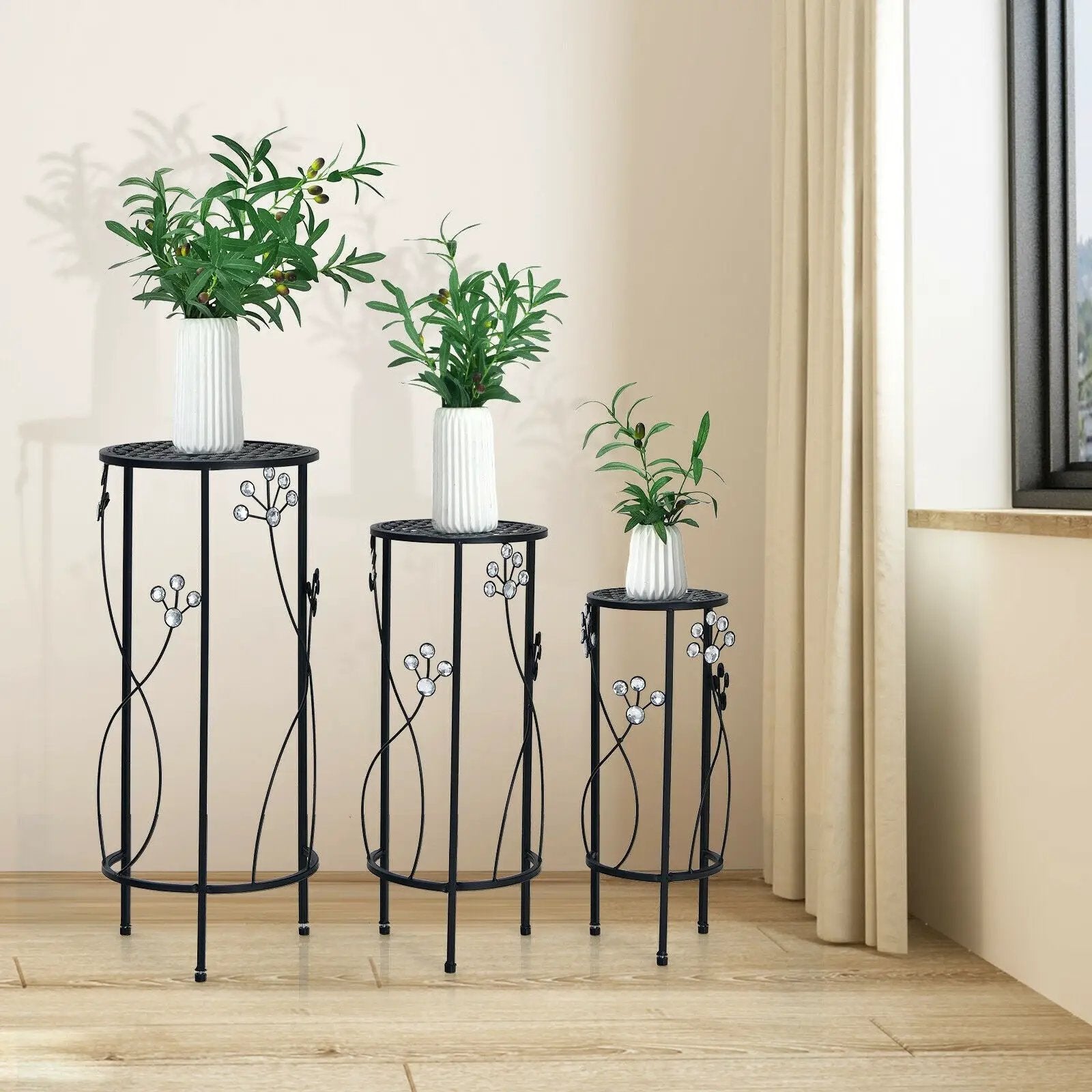 3 Pieces Metal Plant Stand Set with Crystal Floral Accents Round-Black by DirectDeals