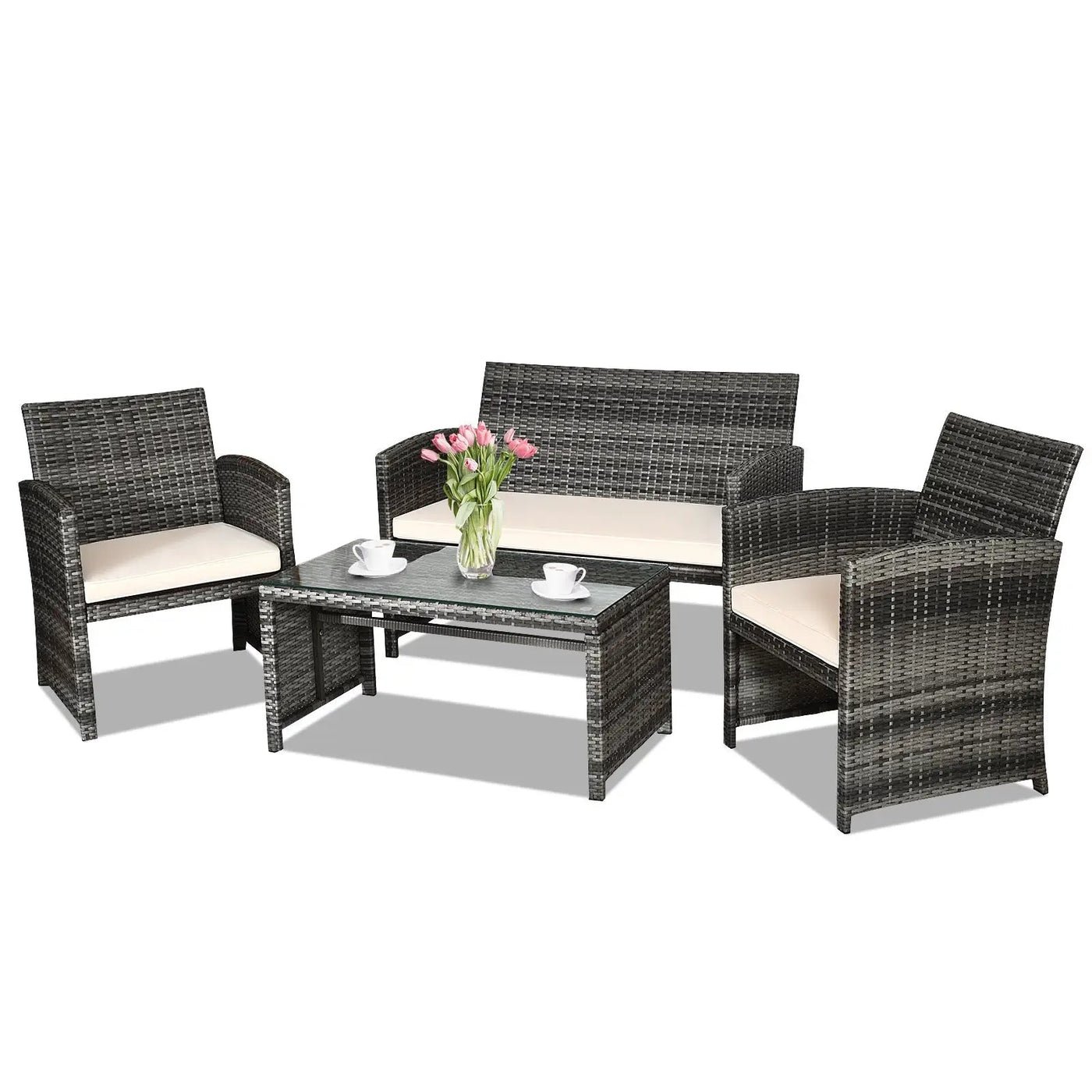4 Pieces Patio Rattan Furniture Set with Glass Table and Loveseat-Gray by DirectDeals