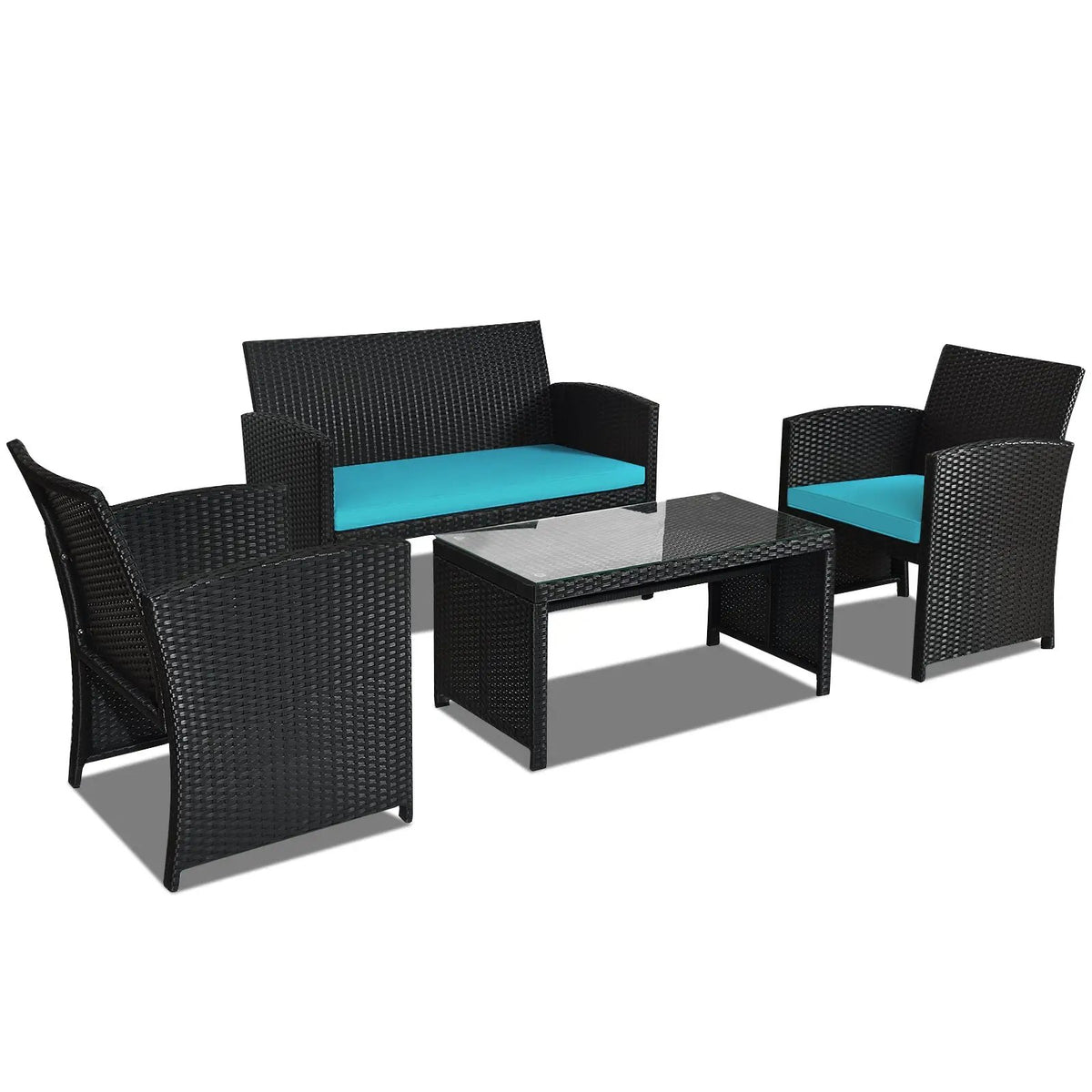4 Pieces Rattan Patio Furniture Set with Weather Resistant Cushions and Tempered Glass Tabletop by DirectDeals